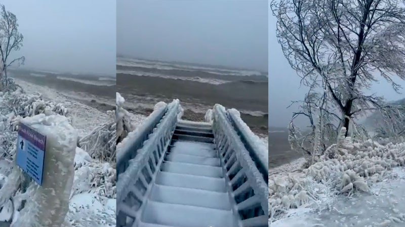 Playa de Nueva York está congelada completamente por tormenta invernal