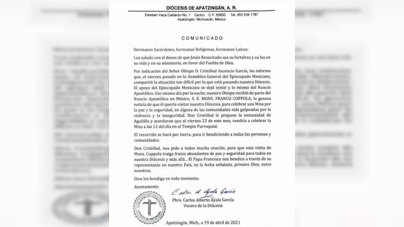 Anuncian misa por la paz y la seguridad en Aguililla, Michoacán  