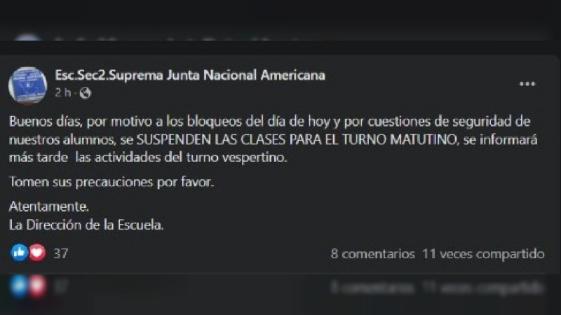 Suspenden clases por bloqueos en Zitácuaro, Michoacán