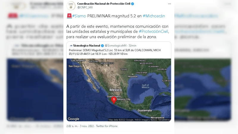 Sismo de 5.2 sacude la Costa de Michoacán la madrugada del jueves: PC inicia recorridos de inspección 