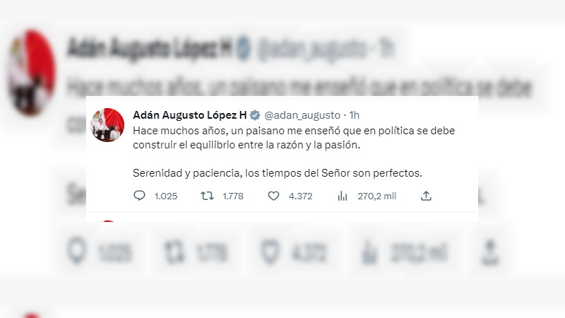 Adán Augusto López envía mensaje a Marcelo Ebrard; "serenidad y paciencia"