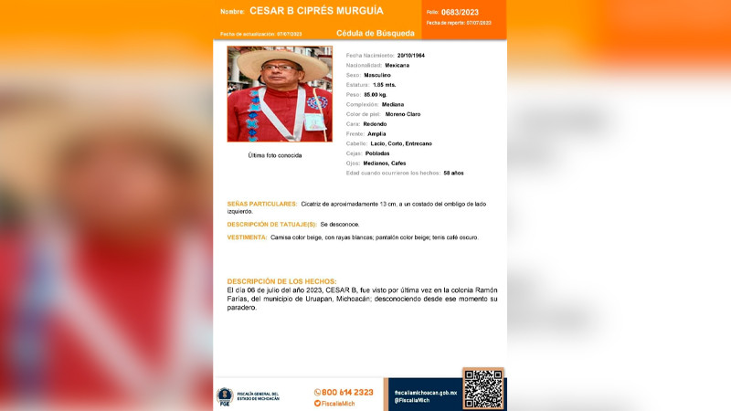 Reportan desaparición del promotor cultural César Ciprés, en Uruapan, Michoacán 