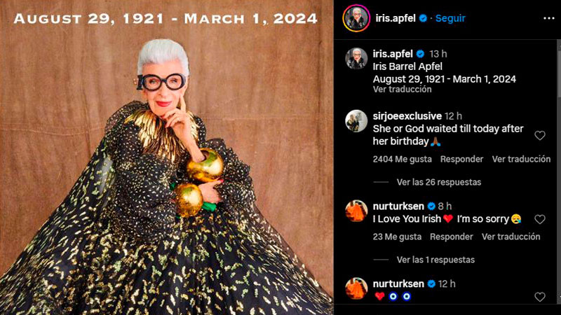 Referente de la moda, Iris Apfel, murió a los 102 años  