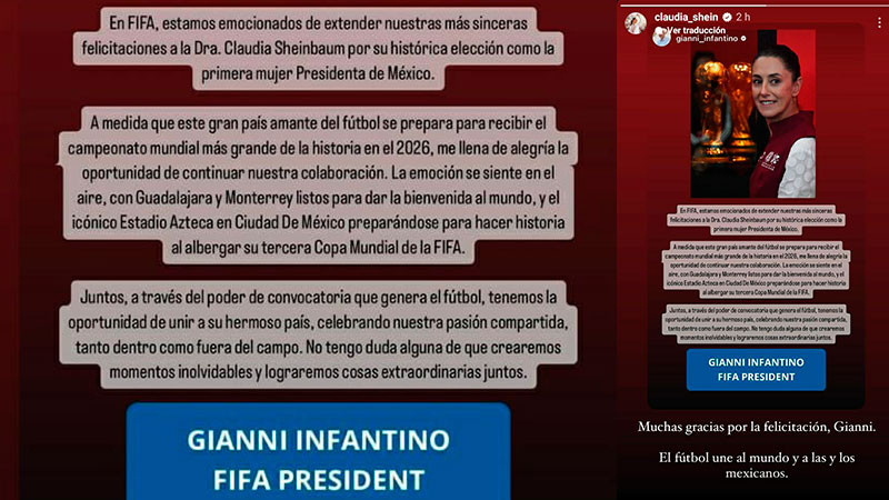 “El fútbol une al mundo y a los mexicanos”: agradece Claudia Sheinbaum felicitación de Gianni Infantino, presidente de la FIFA 