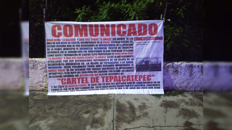 Aparecen mantas contra El Abuelo Farías y el Cártel de Tepalcatepec, en 6 municipios de Michoacán  