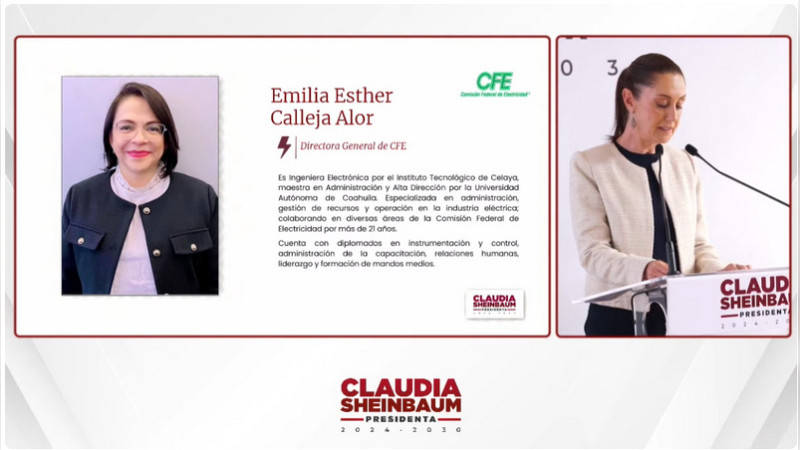 Claudia Sheinbaum anuncia a Emilia Esther Calleja Alor como próxima titular de la CFE 