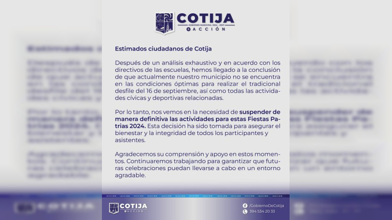 Por inseguridad, suspenden Desfile y Grito de Independencia en Cotija, Michoacán