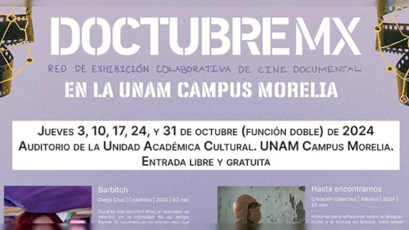 En octubre, la UNAM Morelia proyectará documentales de la gira Doctubre MX 