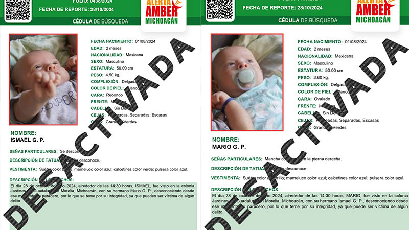 Desactiva FGE Alerta Amber por desaparición de dos niños de 2 meses de edad en Morelia, Michoacán 