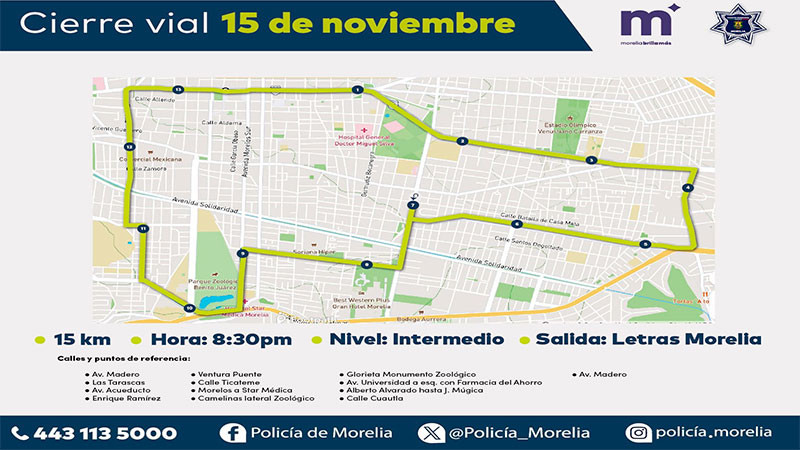 Morelia informa sobre cortes viales del 15 al 17 de noviembre 