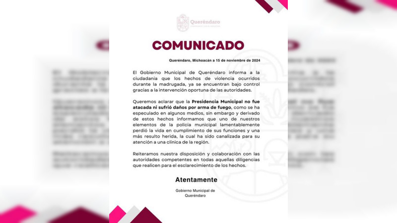 Gobierno de Queréndaro desmiente ataque a Presidencia Municipal; confirma hechos violentos 