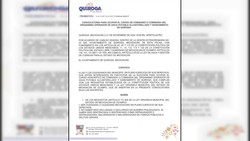 Emite Gobierno de Quiroga convocatoria para Comisario o Comisaria del Organismo Operador de Agua Potable, Alcantarillado y Saneamiento 