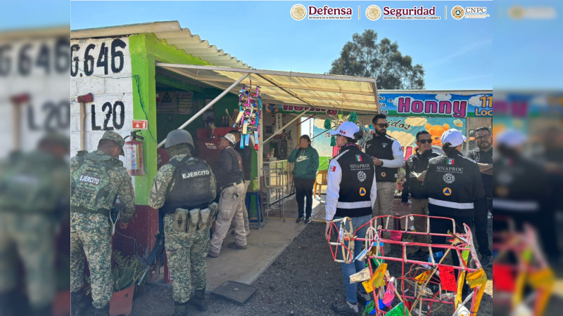 Autoridades supervisan medidas de seguridad en Mercado de Artesanías Pirotécnicas Bicentenario, Zumpango 