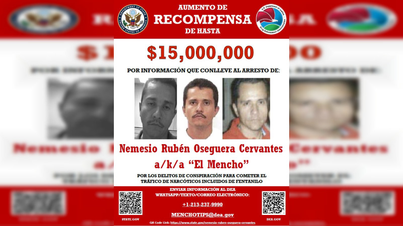 Aumenta EEUU a 15 millones de dólares recompensa por Nemesio Oseguera “El Mencho”, líder del CJNG 