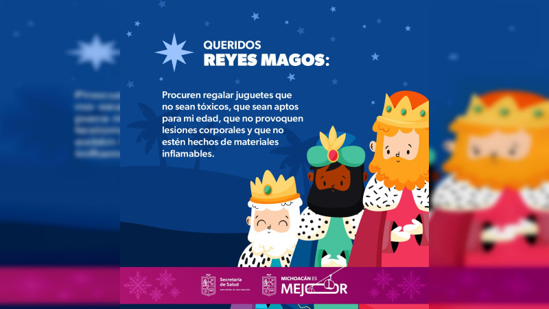 Sector salud de Michoacán invita a los Reyes Magos a regalar juguetes seguros 