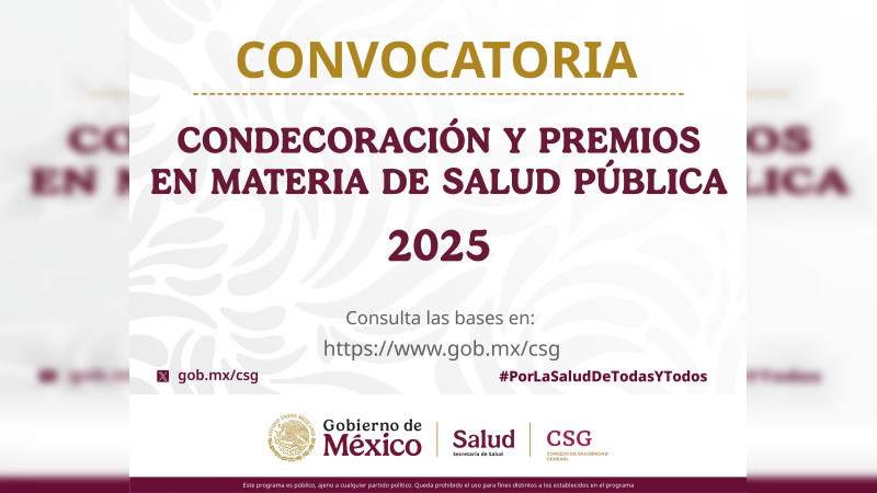 Emite Secretaría de Salud convocatoria para la Condecoración y Premios en materia de Salud Pública 2025 