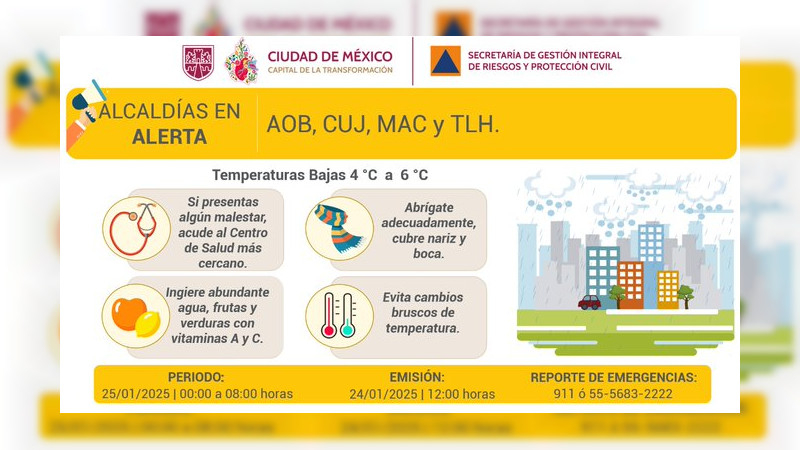 Activan doble alerta por frío en la Ciudad de México para este sábado