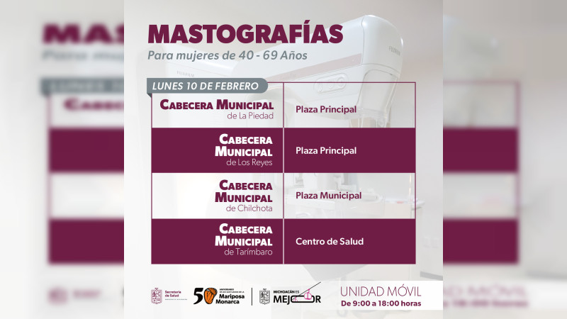 Anuncia sector salud mastografías gratis en cuatro municipios 