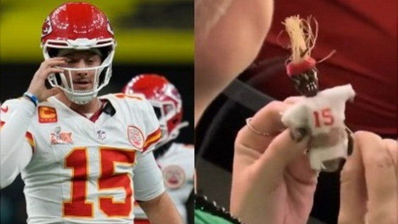 ¿Le hicieron brujería a Mahomes? Captan a aficionada de las Águilas con muñeco vudú en el Super Bowl 